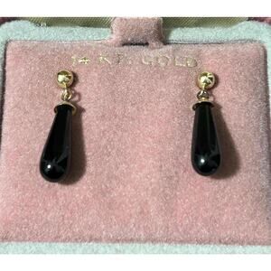 Vintage 14k yellow Gold Onyx gemstone Dangle drop stud Earrings fineJewelry 80’s